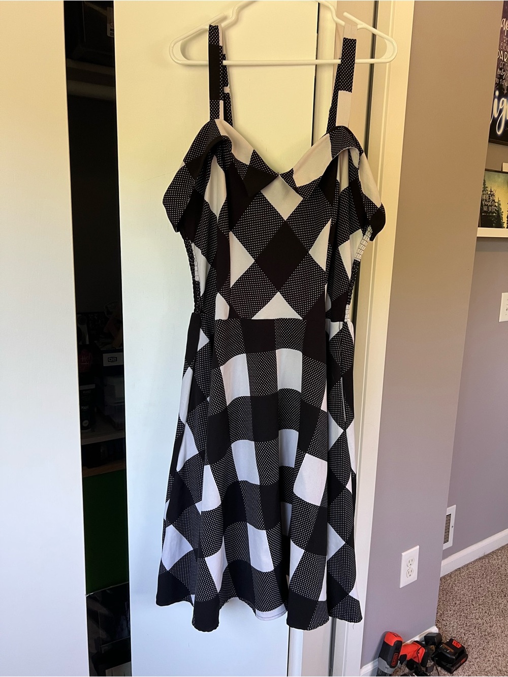 Unique Vintage Black and White Buffalo Check Swing Dress